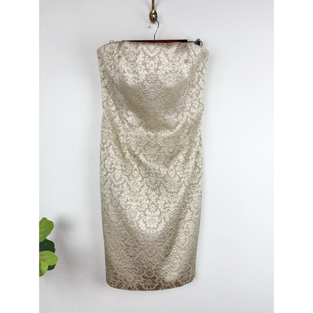 Carmen Mark Valvo Collection Gold Brocade Strapless Cocktail Dress Sz 10
